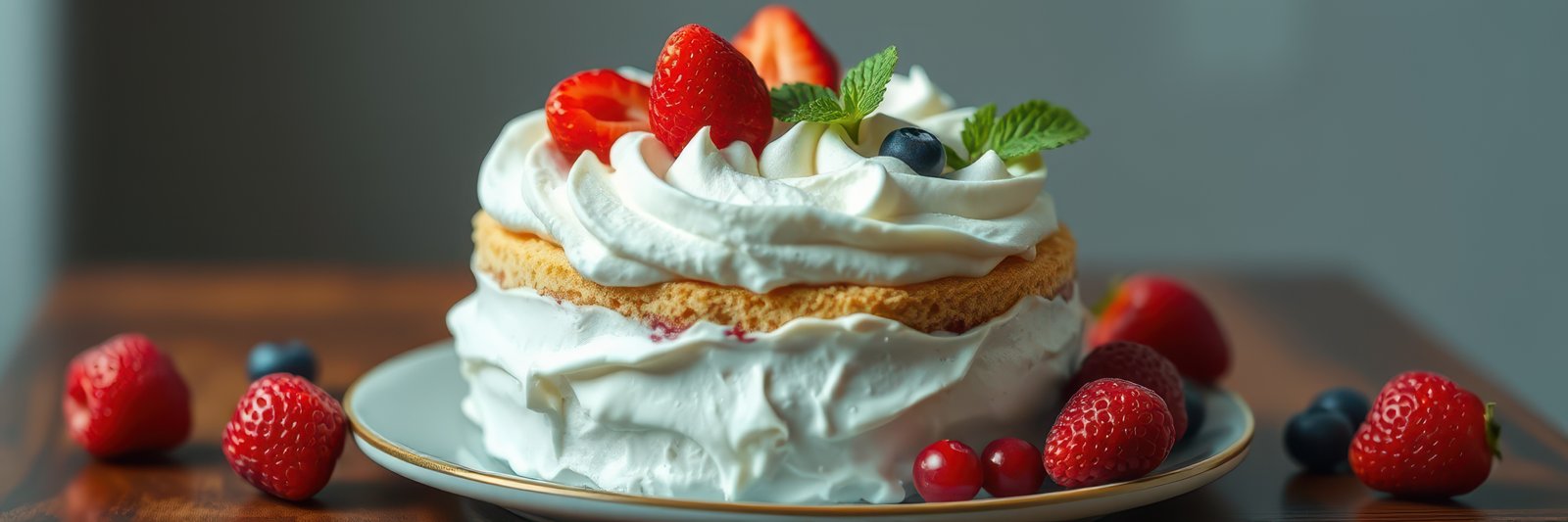 Decadent berry cake topped with fresh strawberries and cream on a wooden table